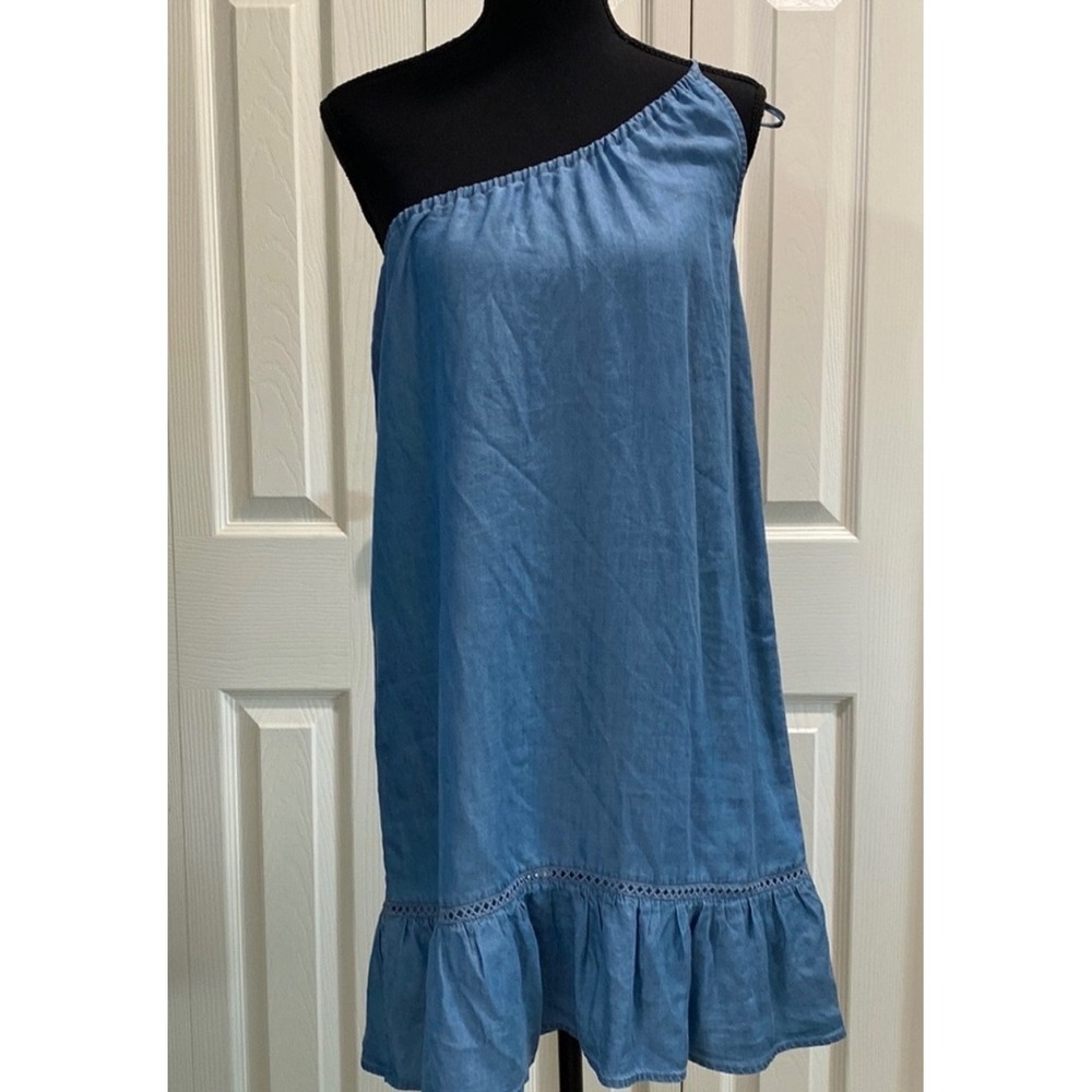Paige Lauretta Dress Medium Reva Blue Tencel Chambray One Shoulder Ruffle Hem‎